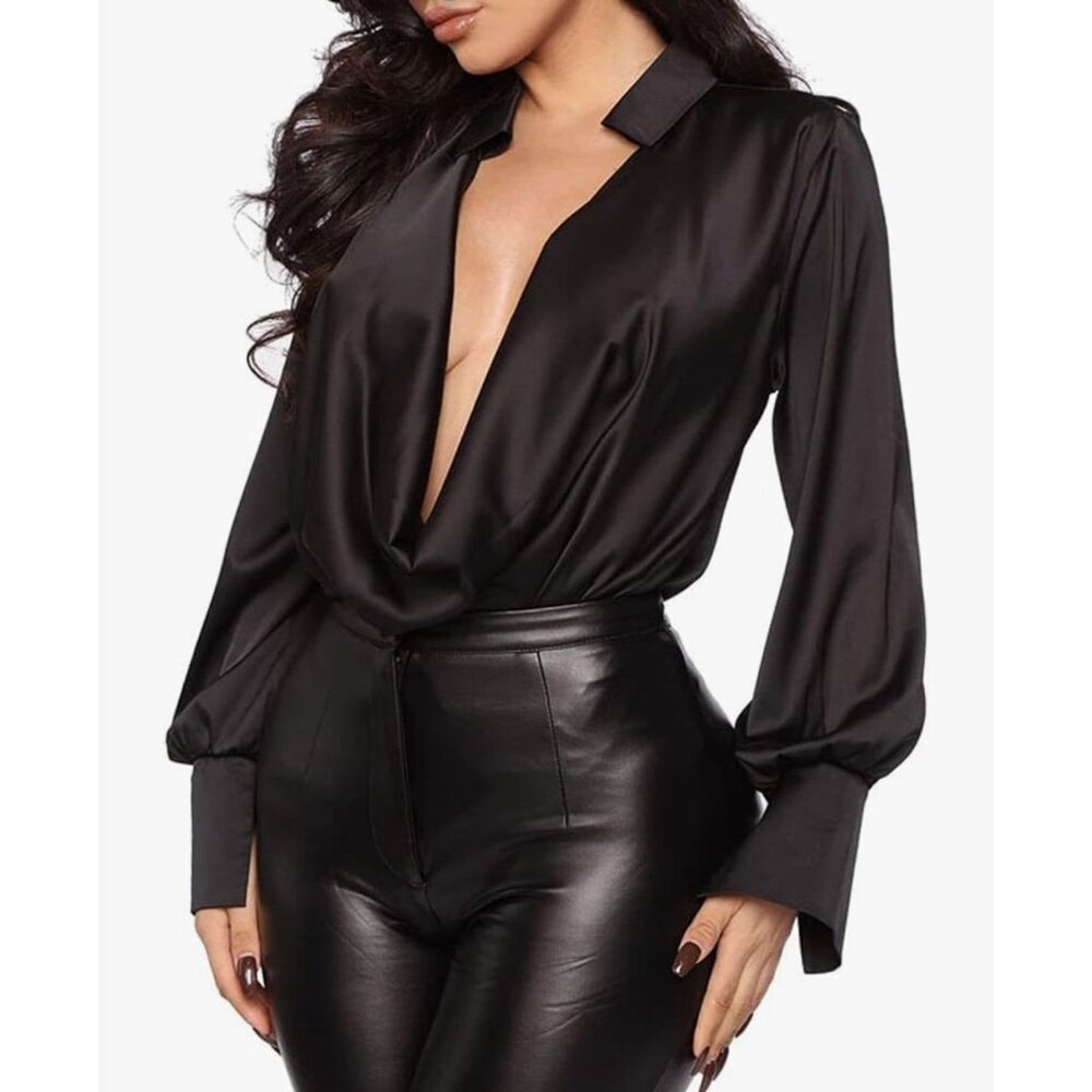 Romantic  Cowl Neck Long Sleeve Satin Blouse, Eveningwear size M